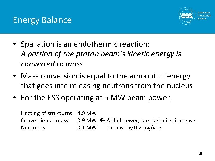 Energy Balance • Spallation is an endothermic reaction: A portion of the proton beam’s
