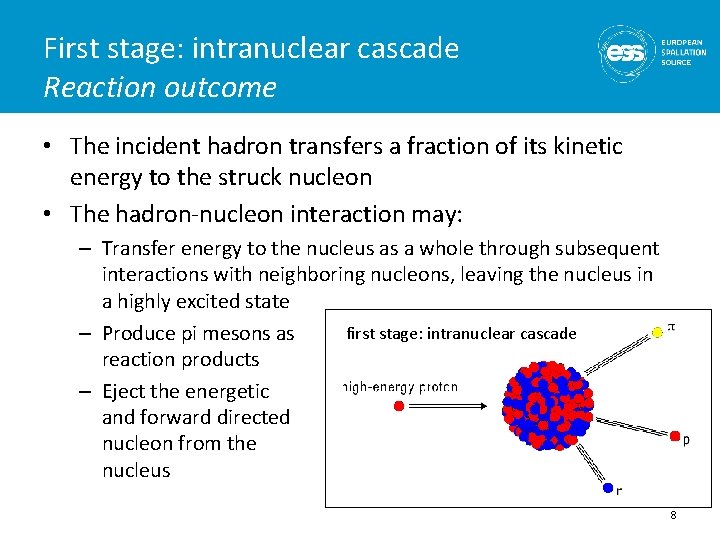 First stage: intranuclear cascade Reaction outcome • The incident hadron transfers a fraction of