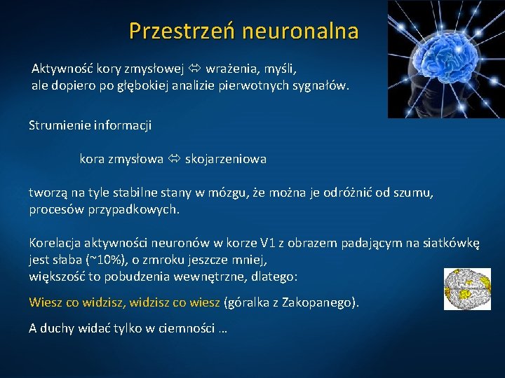 Przestrzeń neuronalna Aktywność kory zmysłowej wrażenia, myśli, ale dopiero po głębokiej analizie pierwotnych sygnałów.