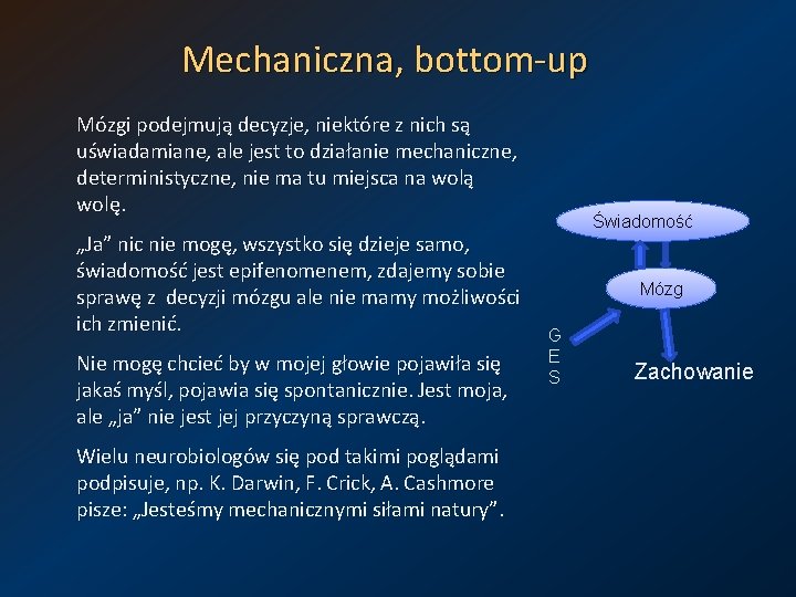 Mechaniczna, bottom-up Mózgi podejmują decyzje, niektóre z nich są uświadamiane, ale jest to działanie