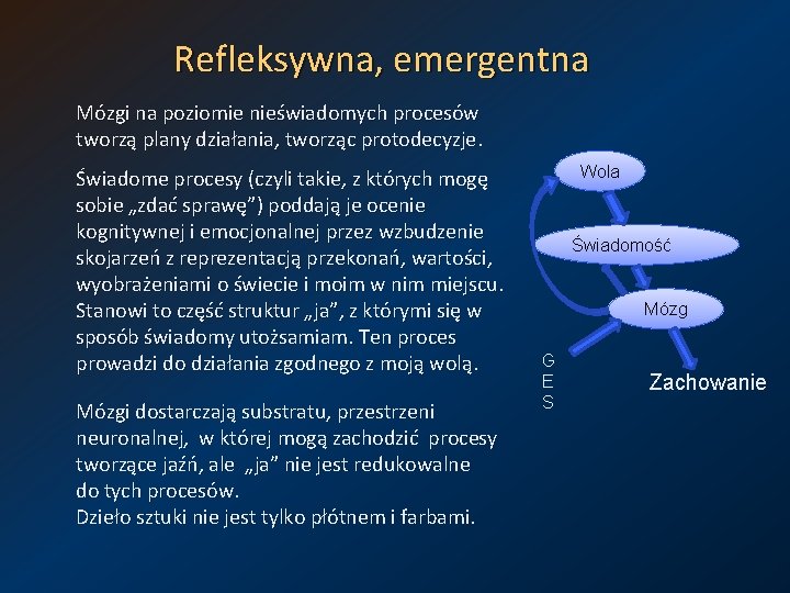 Refleksywna, emergentna Mózgi na poziomie nieświadomych procesów tworzą plany działania, tworząc protodecyzje. Świadome procesy