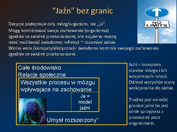 “Jaźn" bez granic Decyzje podejmuje cały mózg/organizm, nie „ja”. Mogę kontrolować swoje zachowanie (organizmu)