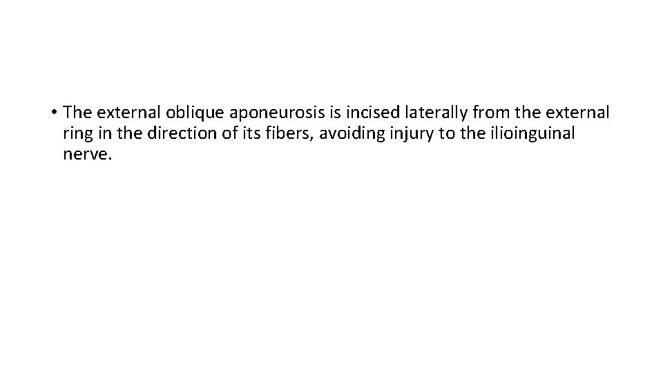  • The external oblique aponeurosis is incised laterally from the external ring in