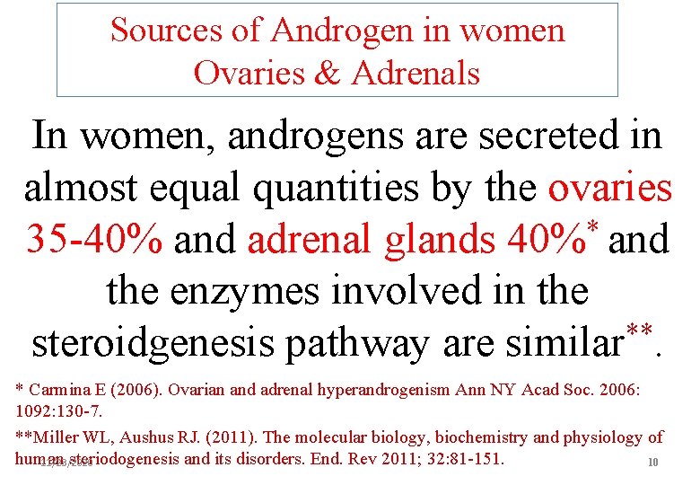 Sources of Androgen in women Ovaries & Adrenals In women, androgens are secreted in