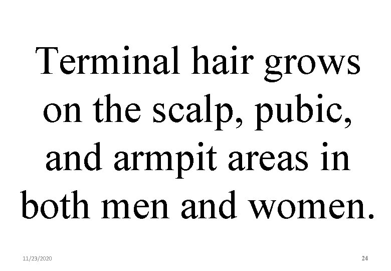 Terminal hair grows on the scalp, pubic, and armpit areas in both men and