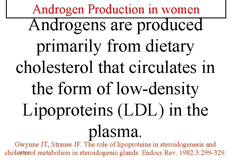 Androgen Production in women Androgens are produced primarily from dietary cholesterol that circulates in