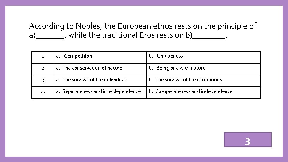 According to Nobles, the European ethos rests on the principle of a)_______, while the