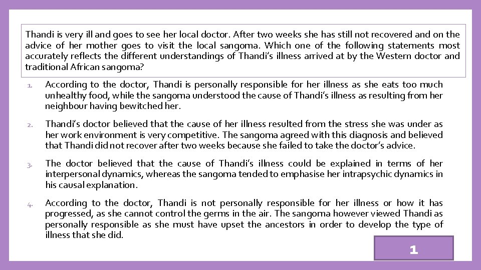 Thandi is very ill and goes to see her local doctor. After two weeks