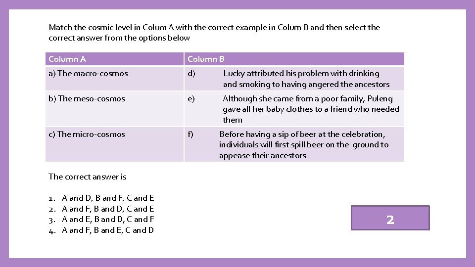 Match the cosmic level in Colum A with the correct example in Colum B