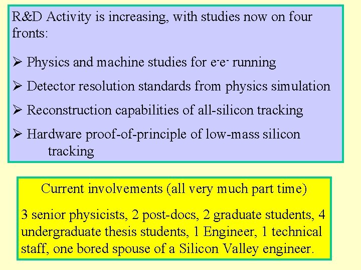 R&D Activity is increasing, with studies now on four fronts: Ø Physics and machine