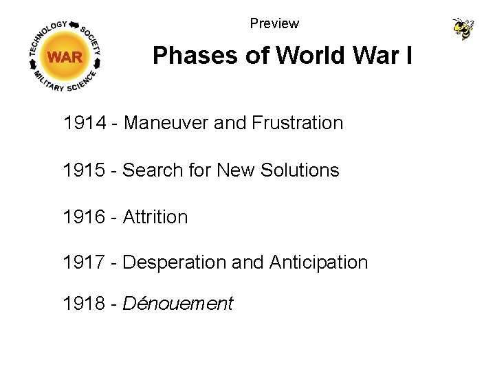 Preview Phases of World War I 1914 - Maneuver and Frustration 1915 - Search