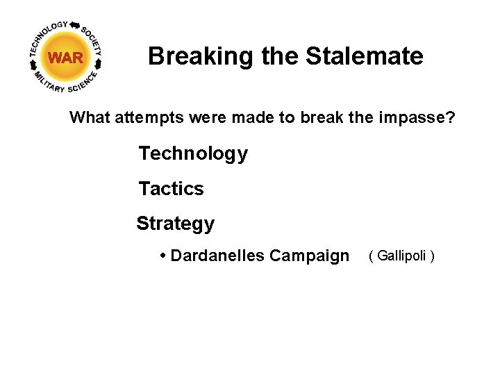 Breaking the Stalemate What attempts were made to break the impasse? Technology Tactics Strategy