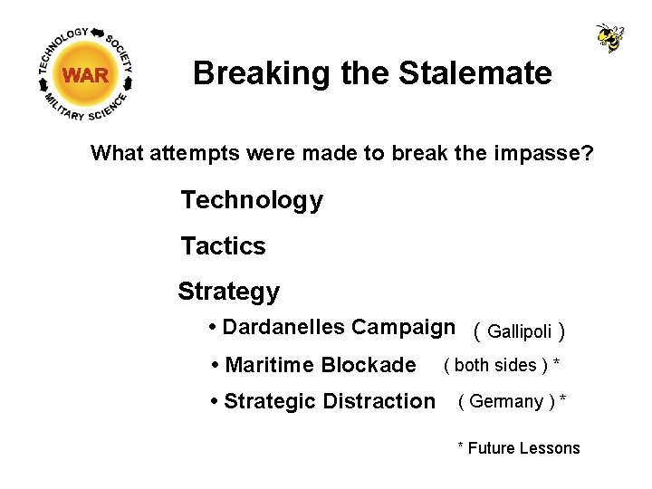Breaking the Stalemate What attempts were made to break the impasse? Technology Tactics Strategy
