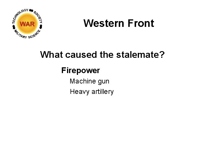 Western Front What caused the stalemate? Firepower Machine gun Heavy artillery 