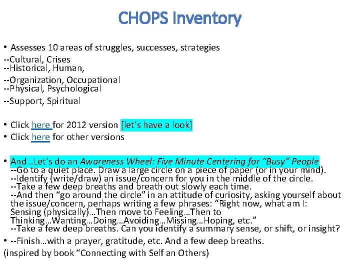 CHOPS Inventory • Assesses 10 areas of struggles, successes, strategies --Cultural, Crises --Historical, Human,