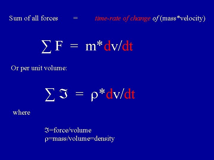 Sum of all forces = time-rate of change of (mass*velocity) ∑ F = m*dv/dt