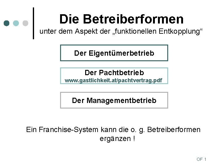 Die Betreiberformen unter dem Aspekt der „funktionellen Entkopplung“ Der Eigentümerbetrieb Der Pachtbetrieb www. gastlichkeit.