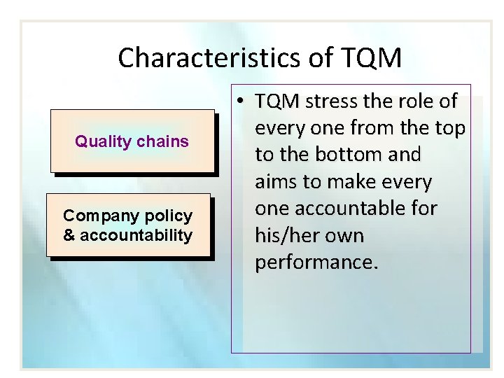 Characteristics of TQM Quality chains Company policy & accountability • TQM stress the role Characteristics of TQM Quality chains Company policy & accountability • TQM stress the role