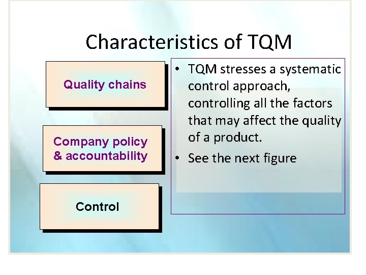 Characteristics of TQM Quality chains Company policy & accountability Control • TQM stresses a Characteristics of TQM Quality chains Company policy & accountability Control • TQM stresses a