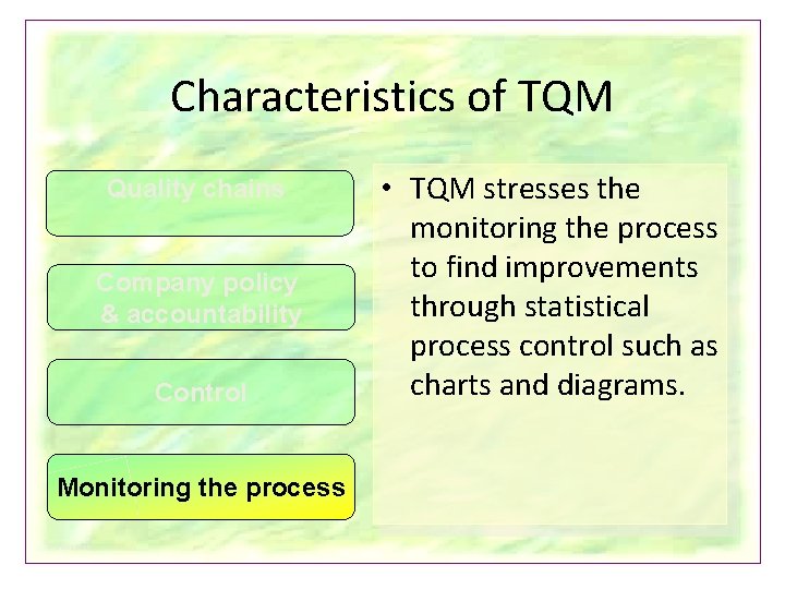 Characteristics of TQM Quality chains Company policy & accountability Control Monitoring the process © Characteristics of TQM Quality chains Company policy & accountability Control Monitoring the process ©