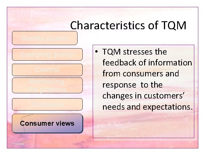 Characteristics of TQM Quality chains Company policy Control Monitoring the process Teamwork Consumer views Characteristics of TQM Quality chains Company policy Control Monitoring the process Teamwork Consumer views