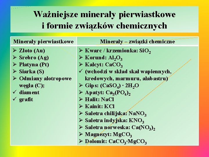 Ważniejsze minerały pierwiastkowe i formie związków chemicznych Minerały pierwiastkowe Ø Ø Ø Złoto (Au)