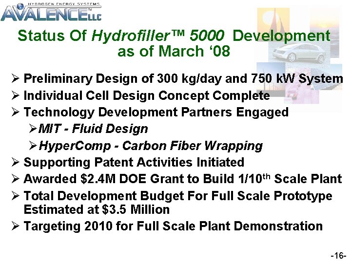 Status Of Hydrofiller™ 5000 Development Technology Value Proposition as of March ‘ 08 Ø