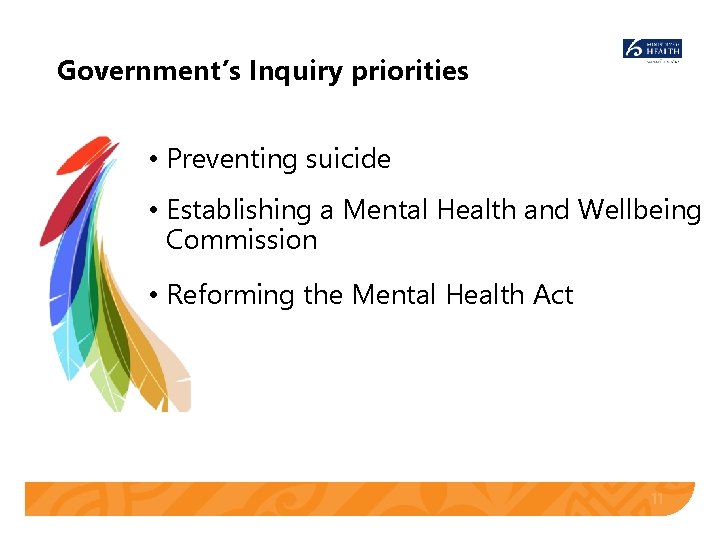 Government’s Inquiry priorities • Preventing suicide • Establishing a Mental Health and Wellbeing Commission Government’s Inquiry priorities • Preventing suicide • Establishing a Mental Health and Wellbeing Commission