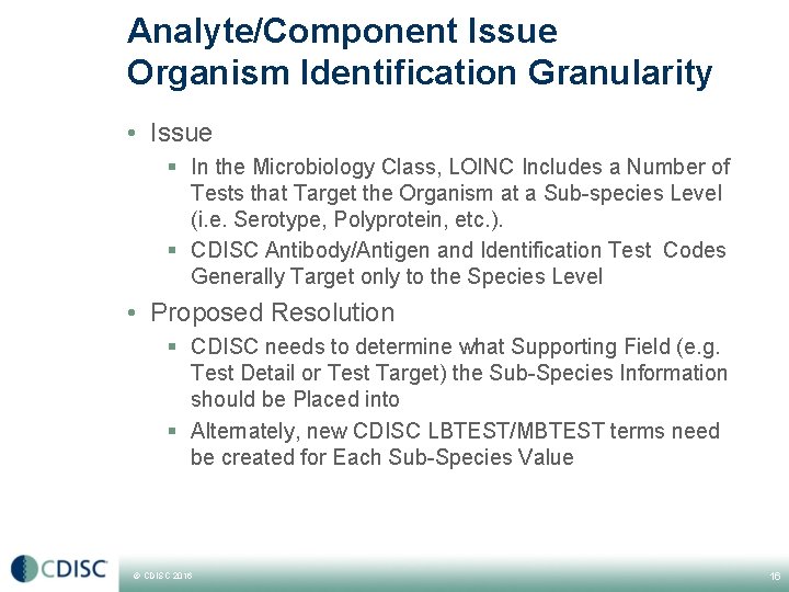 Analyte/Component Issue Organism Identification Granularity • Issue § In the Microbiology Class, LOINC Includes Analyte/Component Issue Organism Identification Granularity • Issue § In the Microbiology Class, LOINC Includes