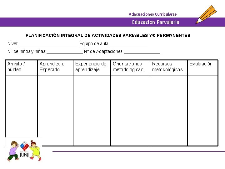 Adecuaciones Curriculares Educación Parvularia PLANIFICACIÓN INTEGRAL DE ACTIVIDADES VARIABLES Y/0 PERMANENTES Nivel: _____________Equipo de