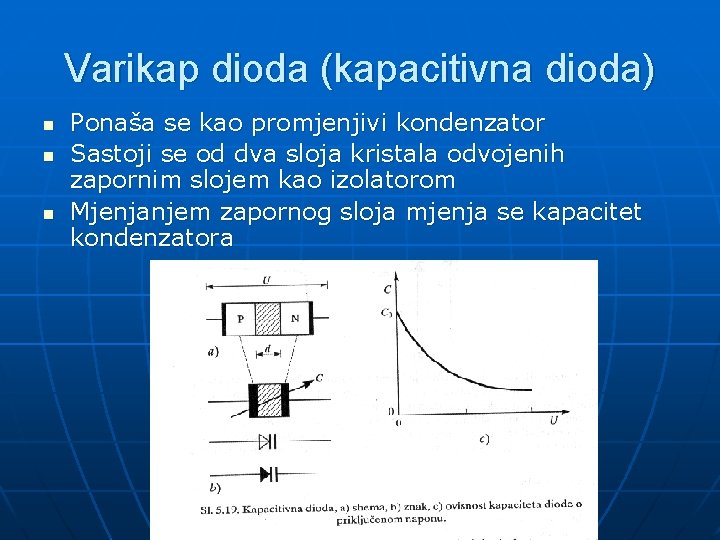 Varikap dioda (kapacitivna dioda) n n n Ponaša se kao promjenjivi kondenzator Sastoji se