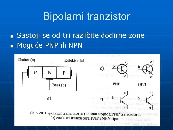 Bipolarni tranzistor n n Sastoji se od tri različite dodirne zone Moguće PNP ili