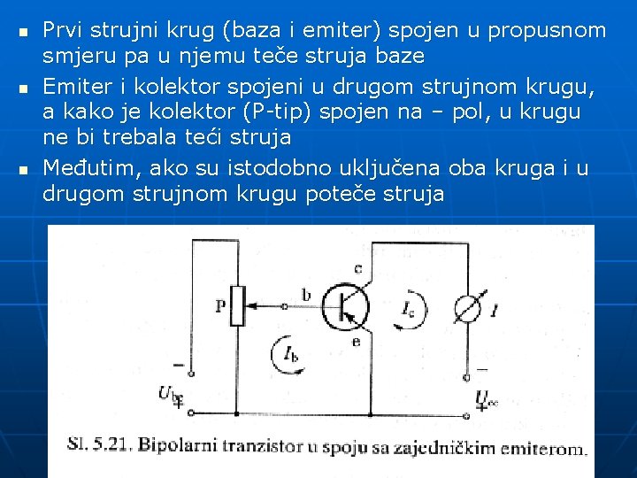 n n n Prvi strujni krug (baza i emiter) spojen u propusnom smjeru pa