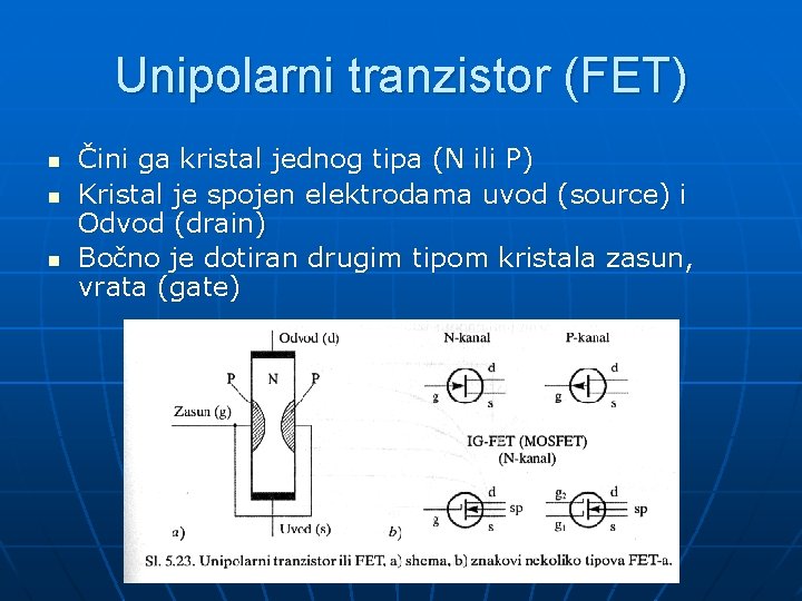 Unipolarni tranzistor (FET) n n n Čini ga kristal jednog tipa (N ili P)