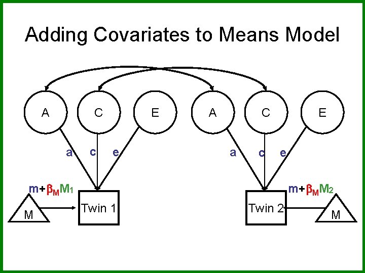 Adding Covariates to Means Model A C a c E e m+ MM 1