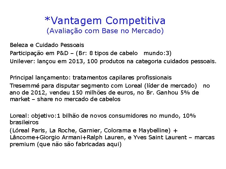 *Vantagem Competitiva (Avaliação com Base no Mercado) Beleza e Cuidado Pessoais Participação em P&D