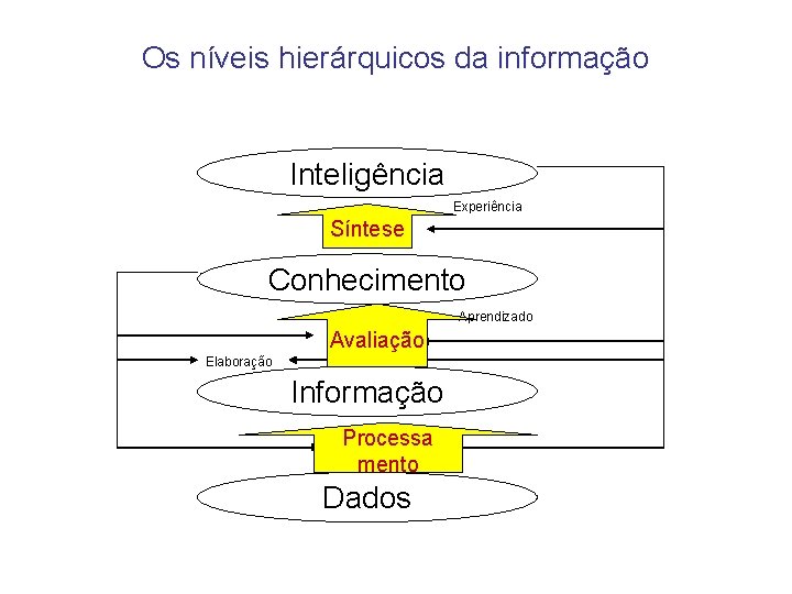 Os níveis hierárquicos da informação Inteligência Experiência Síntese Conhecimento Aprendizado Avaliação Elaboração Informação Processa