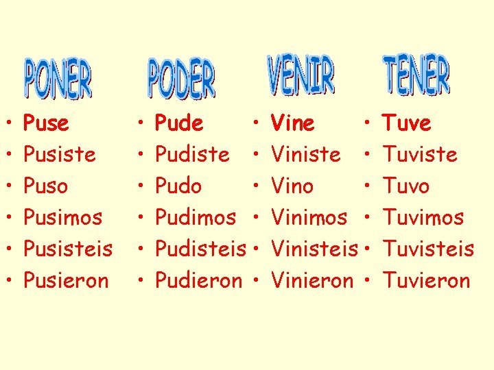  • • • Puse Pusiste Puso Pusimos Pusisteis Pusieron • • • Pude