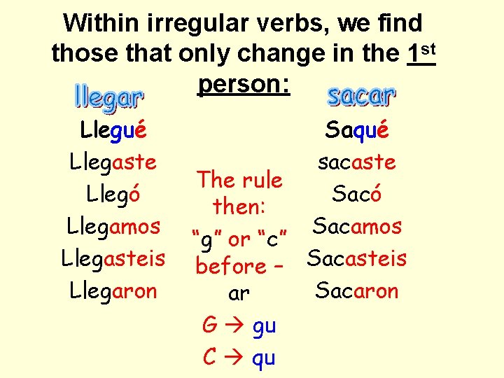 Within irregular verbs, we find those that only change in the 1 st person: