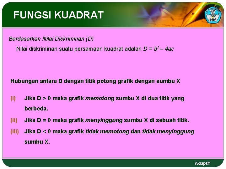 FUNGSI KUADRAT Berdasarkan Nilai Diskriminan (D) Nilai diskriminan suatu persamaan kuadrat adalah D = FUNGSI KUADRAT Berdasarkan Nilai Diskriminan (D) Nilai diskriminan suatu persamaan kuadrat adalah D =