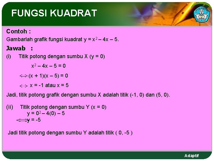 FUNGSI KUADRAT Contoh : Gambarlah grafik fungsi kuadrat y = x 2 – 4 FUNGSI KUADRAT Contoh : Gambarlah grafik fungsi kuadrat y = x 2 – 4