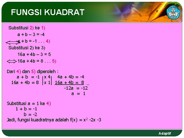 FUNGSI KUADRAT Substitusi 2) ke 1) a + b – 3 = -4 a FUNGSI KUADRAT Substitusi 2) ke 1) a + b – 3 = -4 a