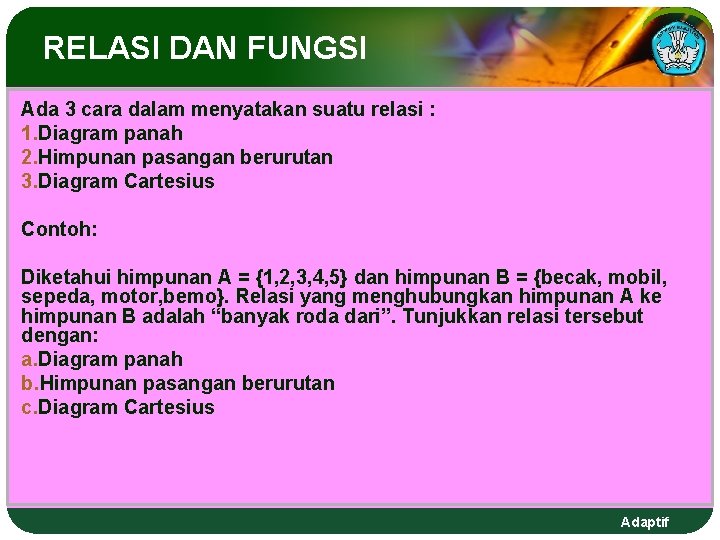 RELASI DAN FUNGSI Ada 3 cara dalam menyatakan suatu relasi : 1. Diagram panah RELASI DAN FUNGSI Ada 3 cara dalam menyatakan suatu relasi : 1. Diagram panah