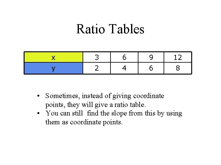 Ratio Tables x 3 6 9 12 y 2 4 6 8 • Sometimes,