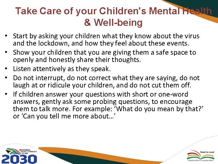 Take Care of your Children's Mental Health & Well-being • Start by asking your