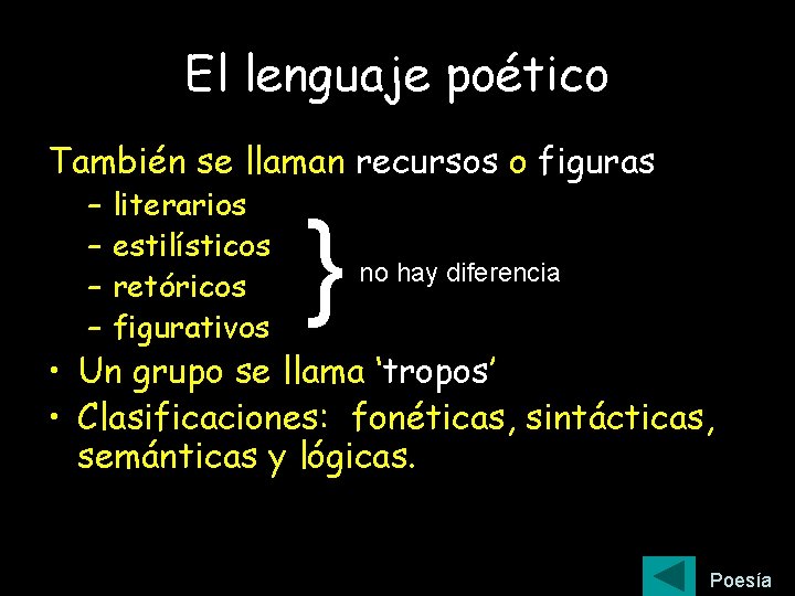 El lenguaje poético También se llaman recursos o figuras – – literarios estilísticos retóricos