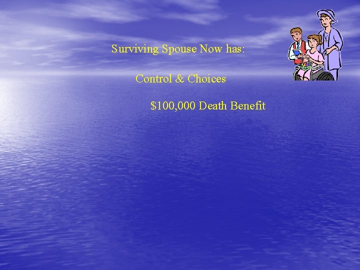 Surviving Spouse Now has: Control & Choices $100, 000 Death Benefit 