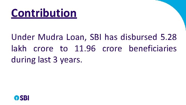 Contribution Under Mudra Loan, SBI has disbursed 5. 28 lakh crore to 11. 96