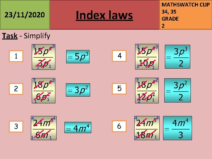 MATHSWATCH CLIP 34, 35 GRADE 2 Index laws 23/11/2020 Task - Simplify 5 3