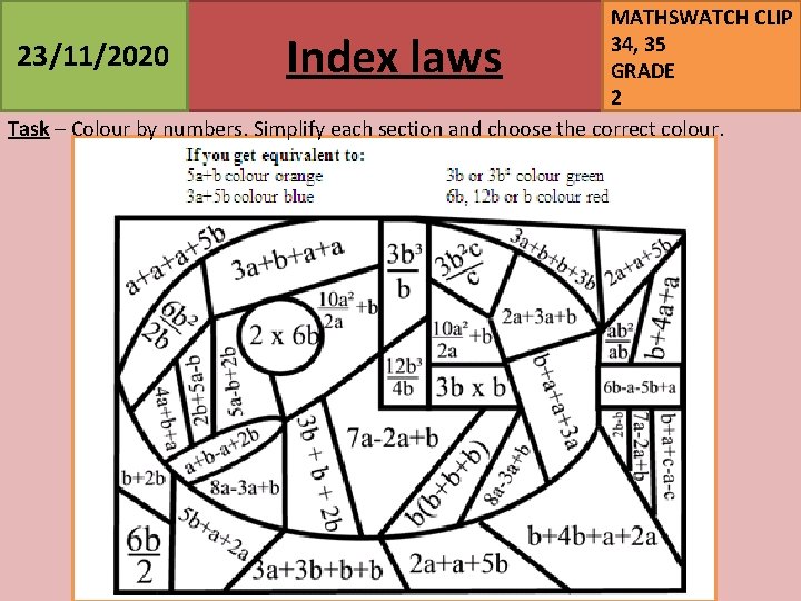 MATHSWATCH CLIP 34, 35 23/11/2020 GRADE 2 Task – Colour by numbers. Simplify each